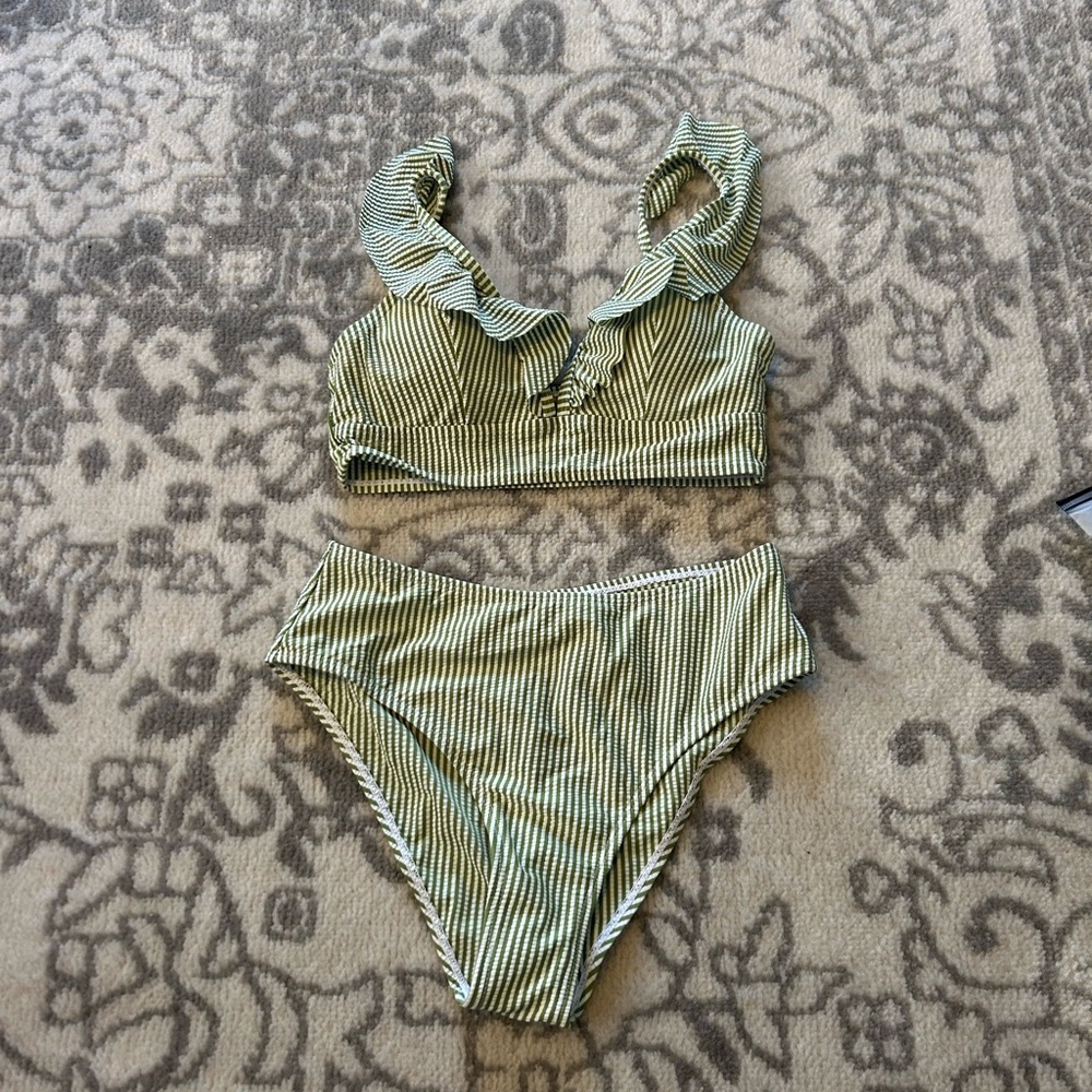 NWT Striped Green High Waist Bikini Set
